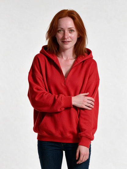 Rakel - Women's Oversized Half Zip Hoodie with Pocket - Red