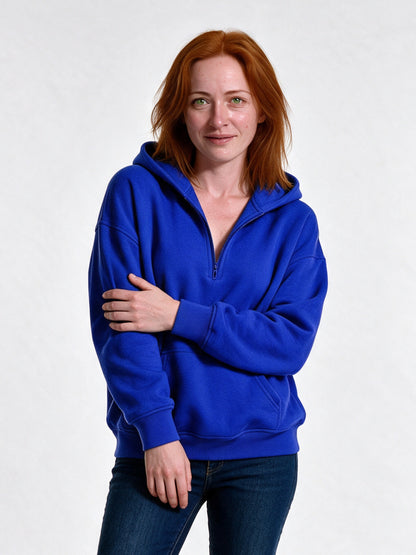 Rakel - Women's Oversized Half Zip Hoodie with Pocket - Royal Blue