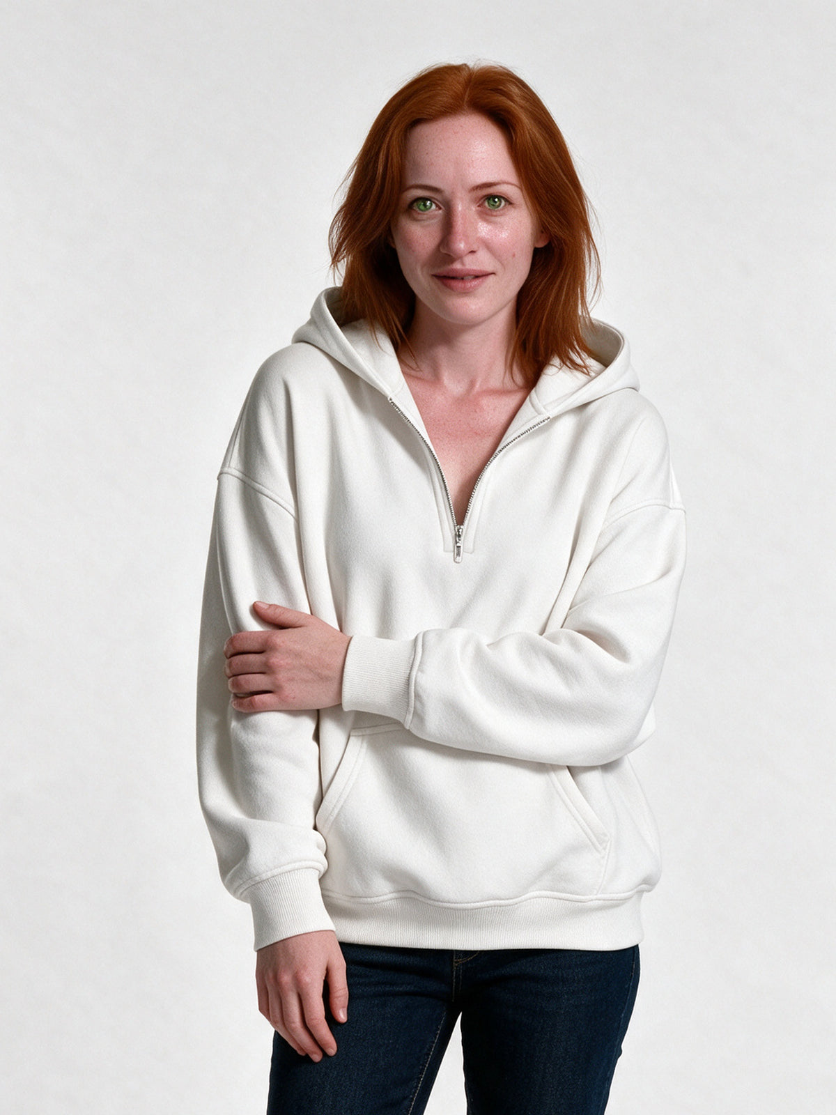 Rakel - Women's Oversized Half Zip Hoodie with Pocket - White