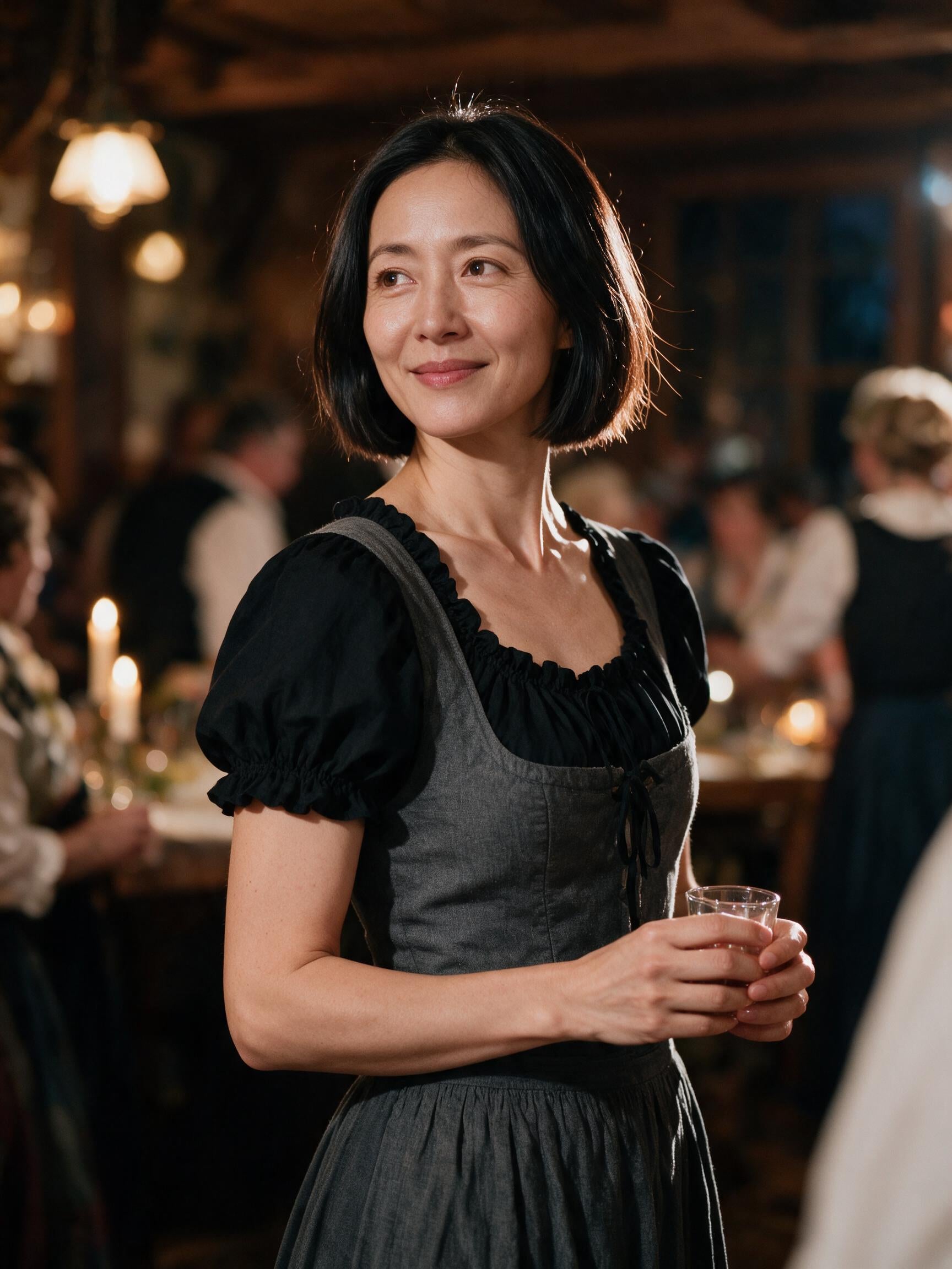 Black dirndl blouse under a charcoal dirndl at an evening Trachten gathering