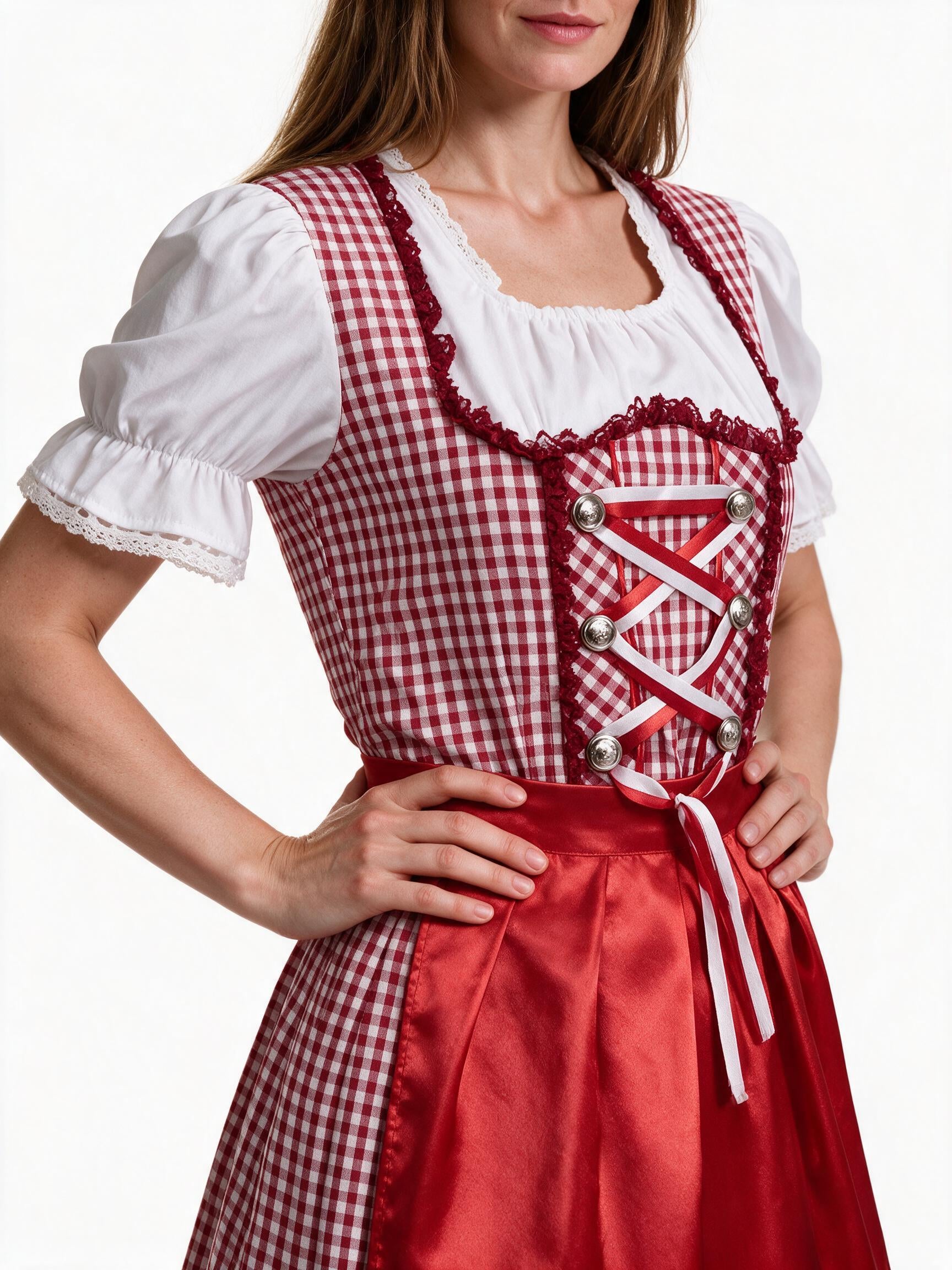 Close detail of the cord lacing, eyelets and red satin waistband