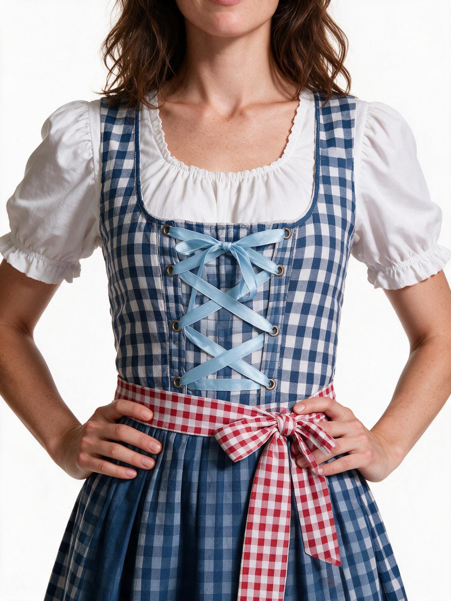 Close detail of the checked bodice lacing and red gingham apron
