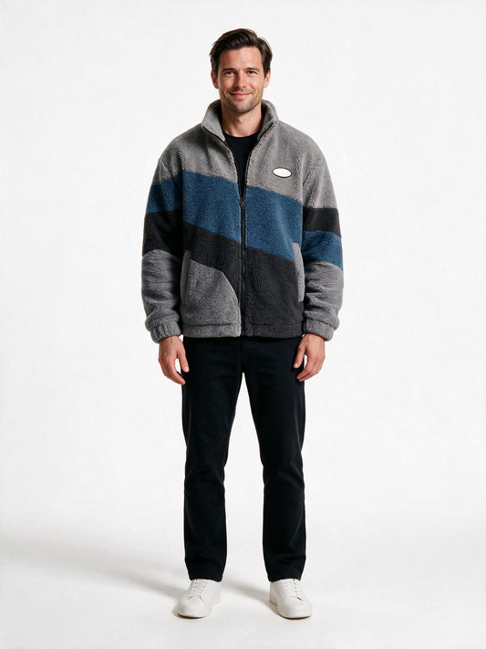 Men's sherpa fleece jacket in grey and steel blue colour-block, front view