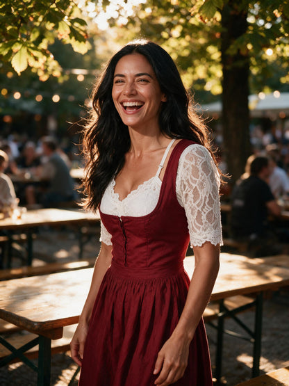 White lace dirndl blouse worn under a red dirndl in a beer garden