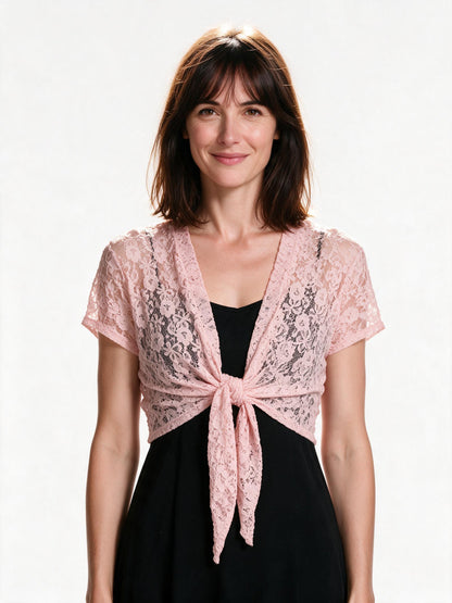 Pink lace tie-front bolero shrug, cropped sheer cover-up, white background