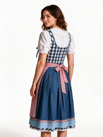 Blue plaid dirndl set, back view showing the apron bow and skirt