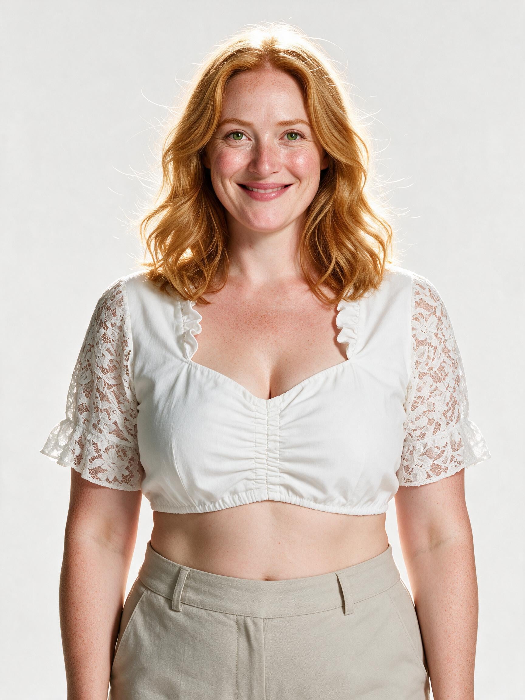 Cropped white lace dirndl blouse, front view on a plus size model