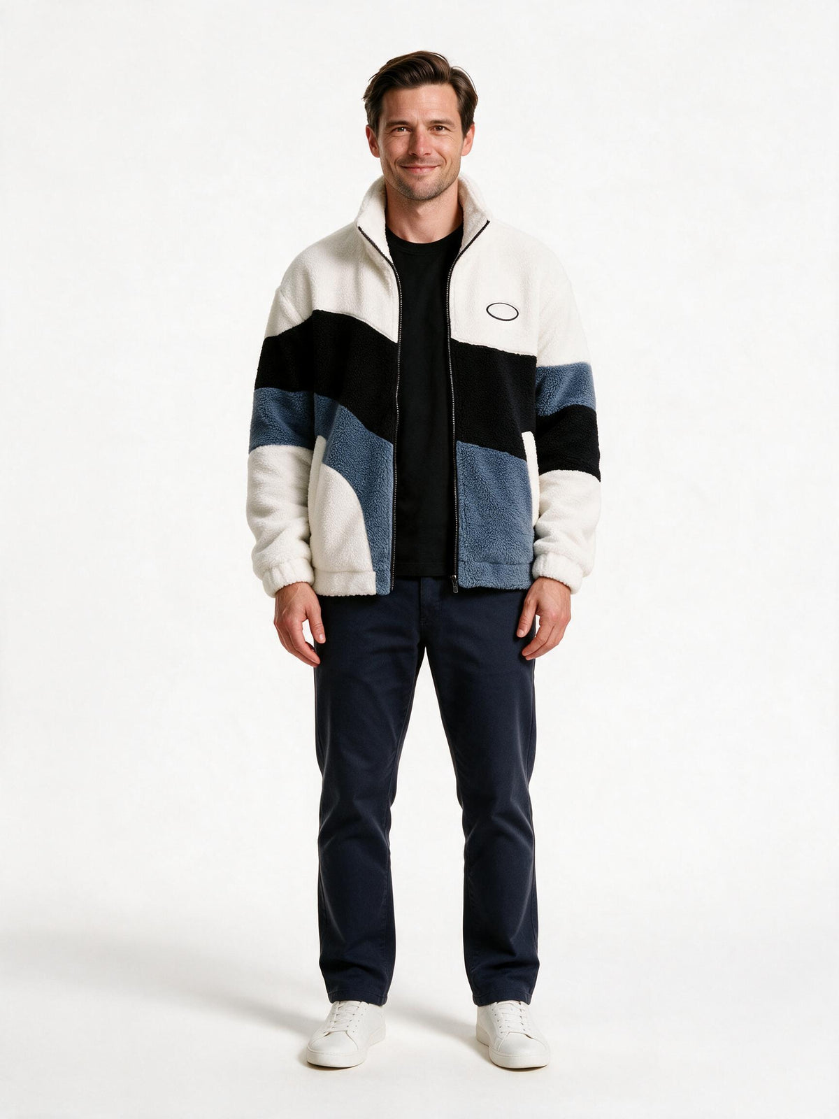 Men's sherpa fleece jacket in cream white, black and steel blue colour-block, front view