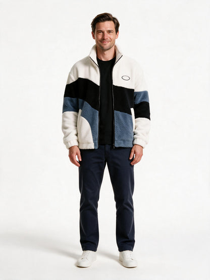 Men's sherpa fleece jacket in cream white, black and steel blue colour-block, front view