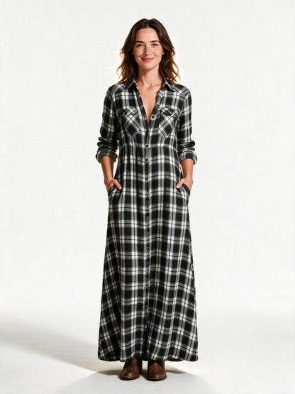 Tamsin plaid flannel maxi shirt dress in black and white plaid, front view on a white studio background