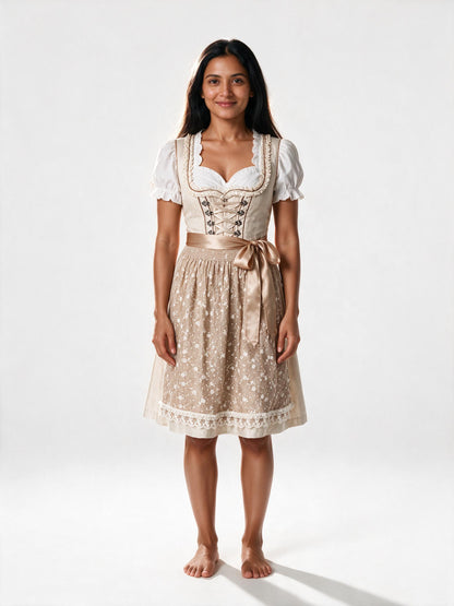 Embroidered lace apron dirndl dress in champagne