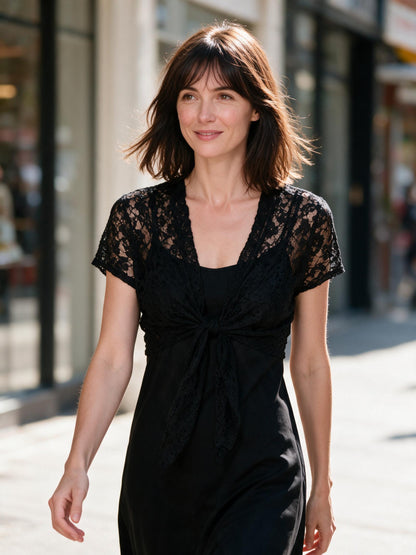Black lace bolero worn as daytime street styling over a slip dress