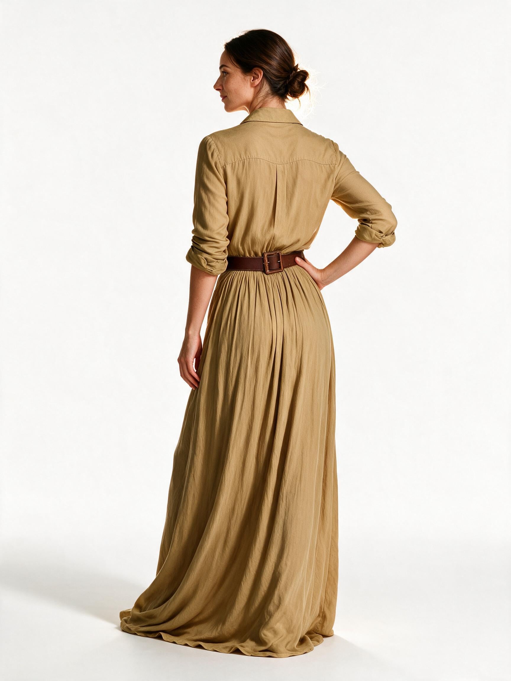 Back view of the khaki Vivienne maxi shirt dress showing the shoulder yoke, belt fastening and gathered skirt