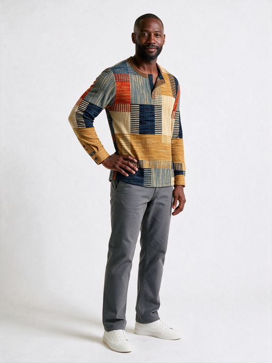 Henrik patchwork print henley in ochre gold, rust and deep navy - three-quarter view