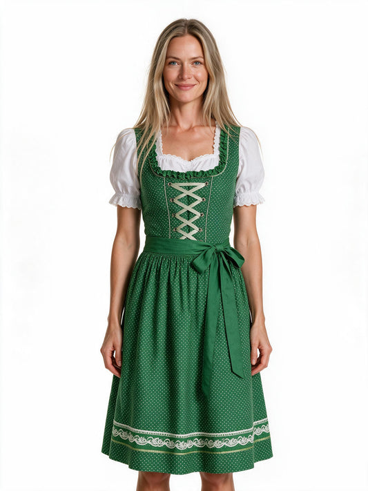 Square neck dirndl dress with apron in green