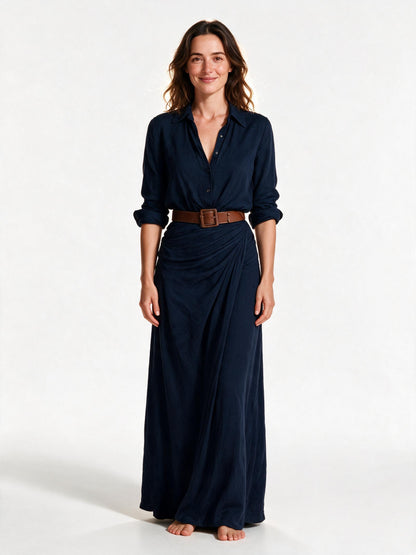 Vivienne belted collar maxi shirt dress in navy, front view on a white studio background