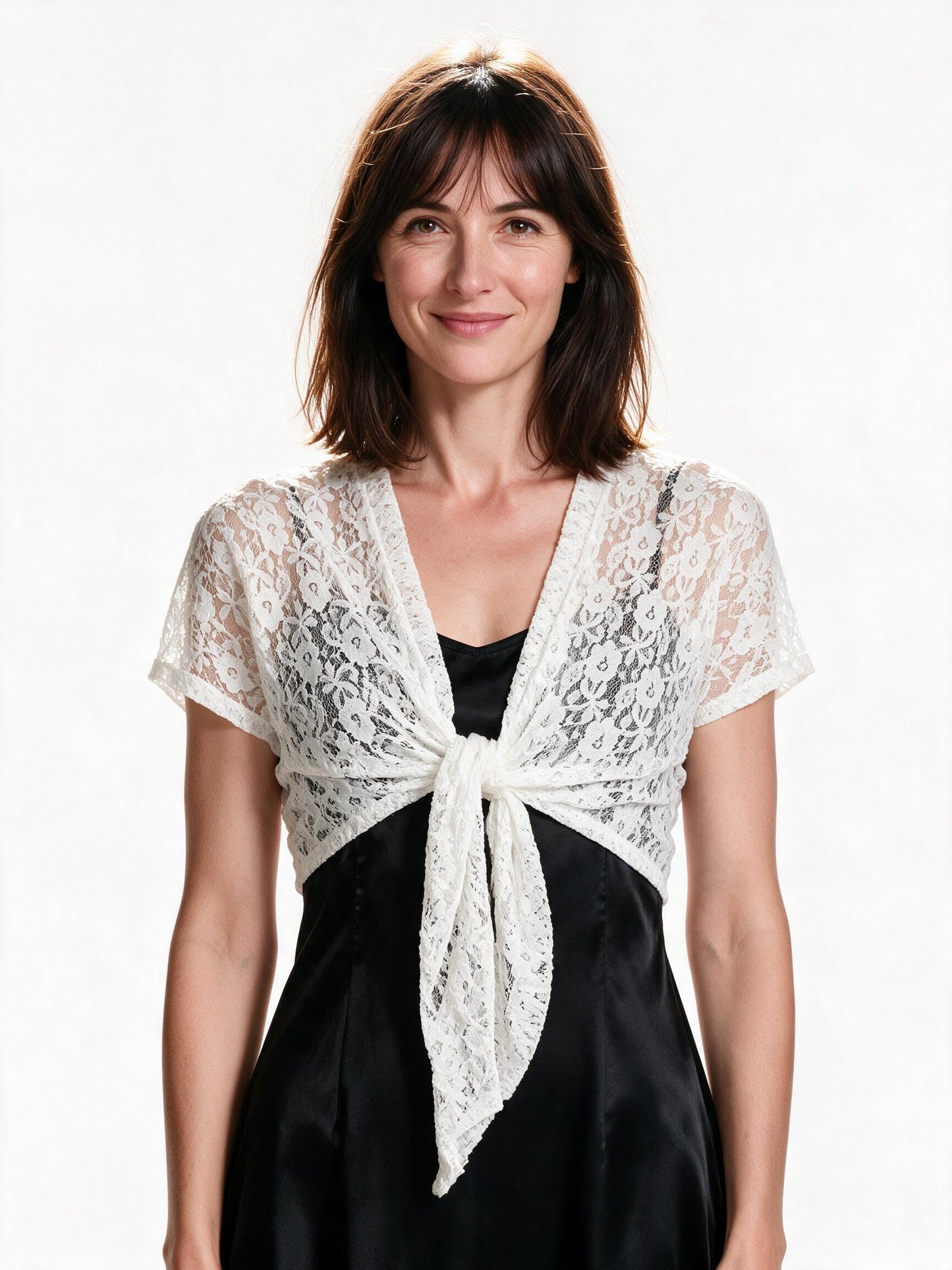 White lace tie-front bolero shrug, cropped open front, on white background