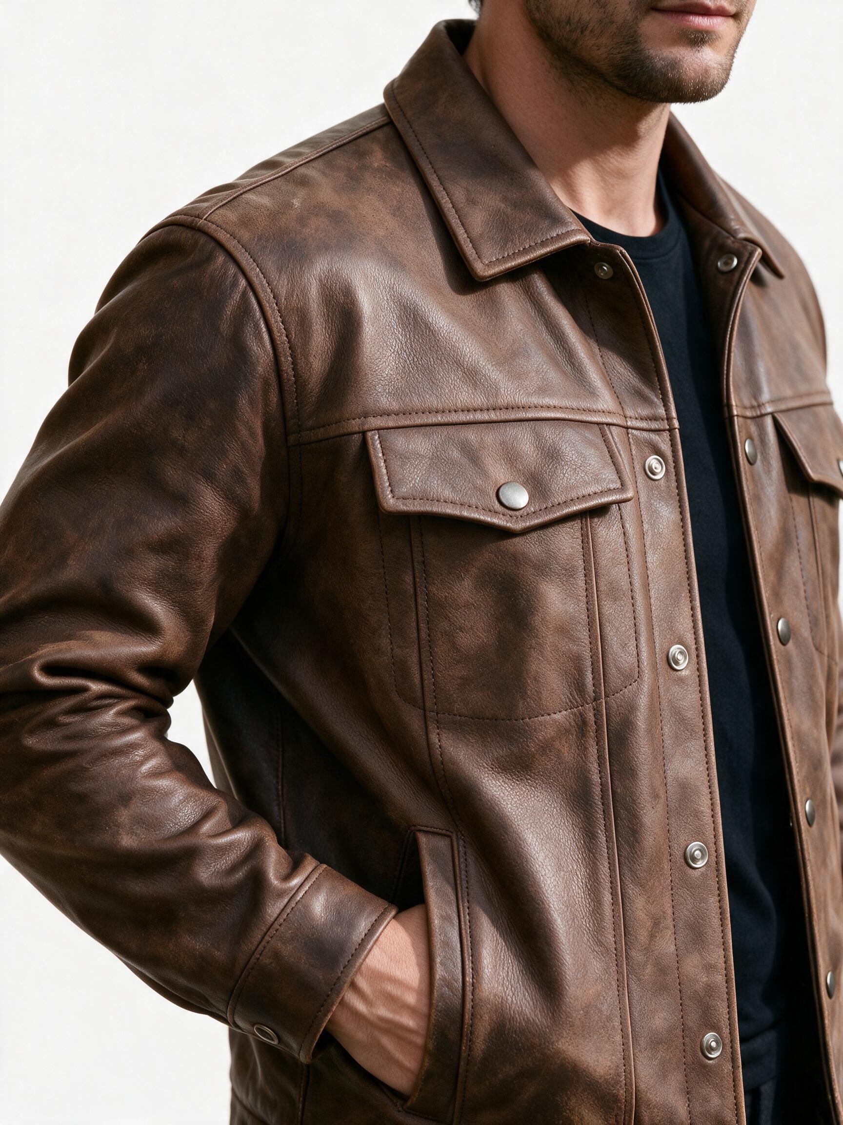 Close-up of the leather jacket's spread collar, silver snap placket and flap chest pocket