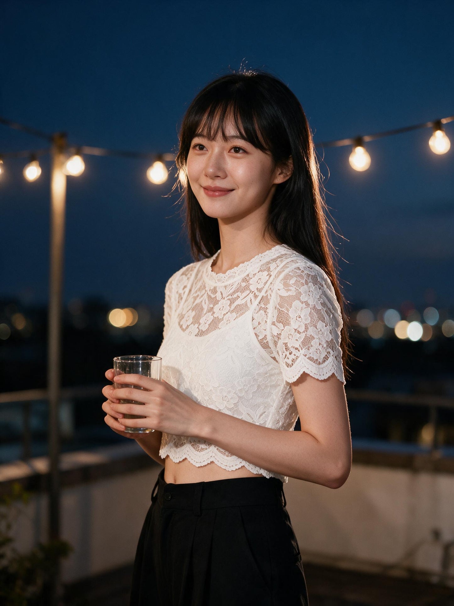 Woman in the white lace crop top at an evening rooftop gathering