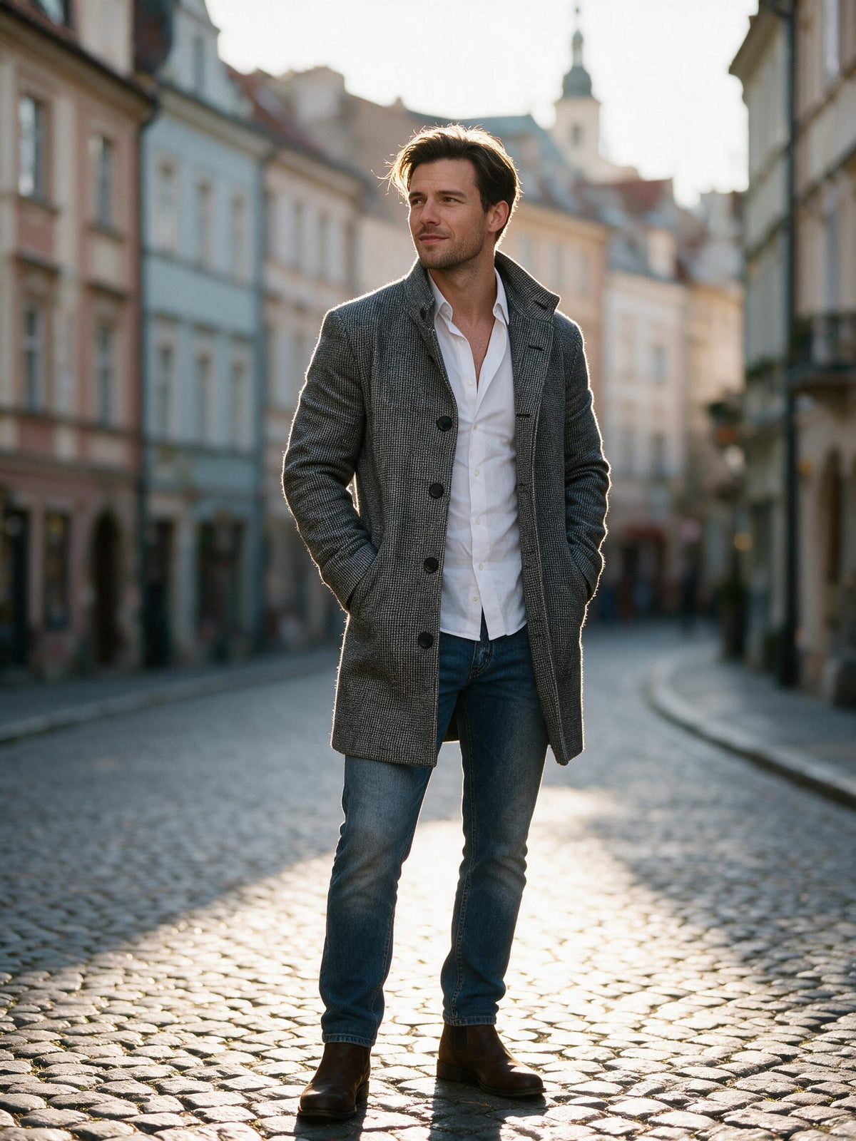 Man wearing the grey houndstooth overcoat on a cobbled old-town street at golden hour
