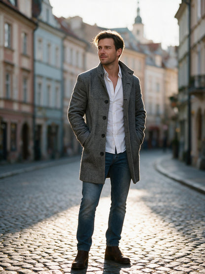 Man wearing the grey houndstooth overcoat on a cobbled old-town street at golden hour