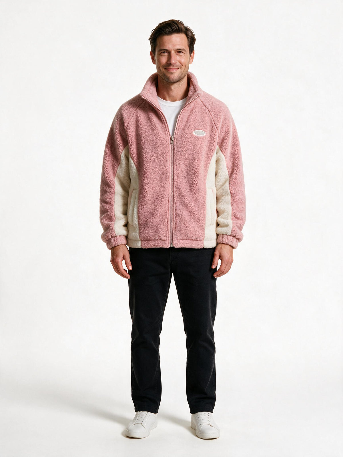 Men's sherpa fleece jacket in dusty pink with cream side panels, front view
