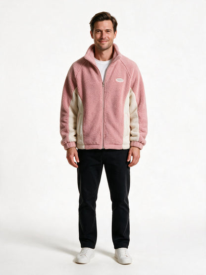Men's sherpa fleece jacket in dusty pink with cream side panels, front view