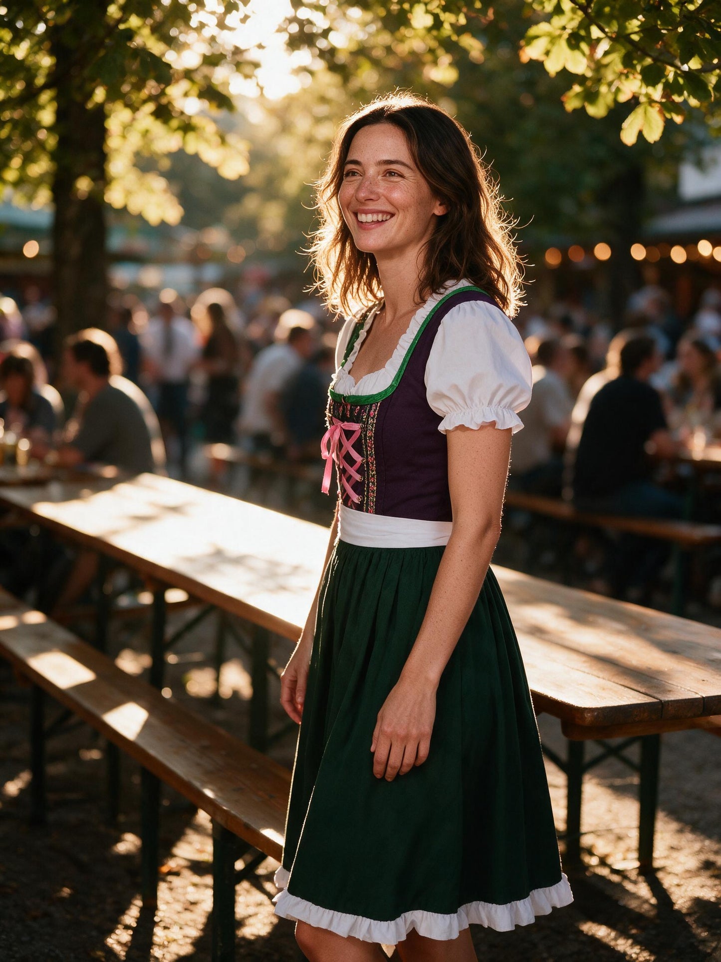 Woman wearing the purple and green dirndl in a Bavarian beer garden
