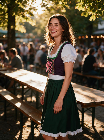Woman wearing the purple and green dirndl in a Bavarian beer garden