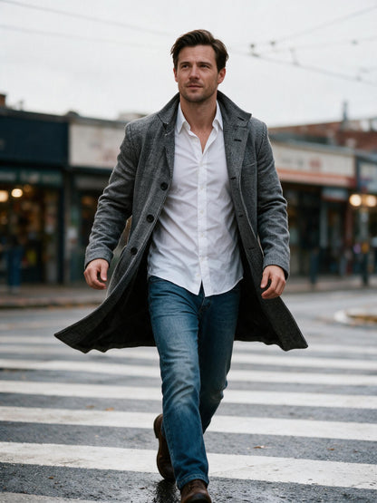 Man walking a city crossing in the grey houndstooth overcoat on an overcast autumn morning