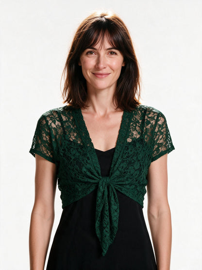 Dark green lace tie-front bolero shrug, short sleeve cropped cardigan, white background
