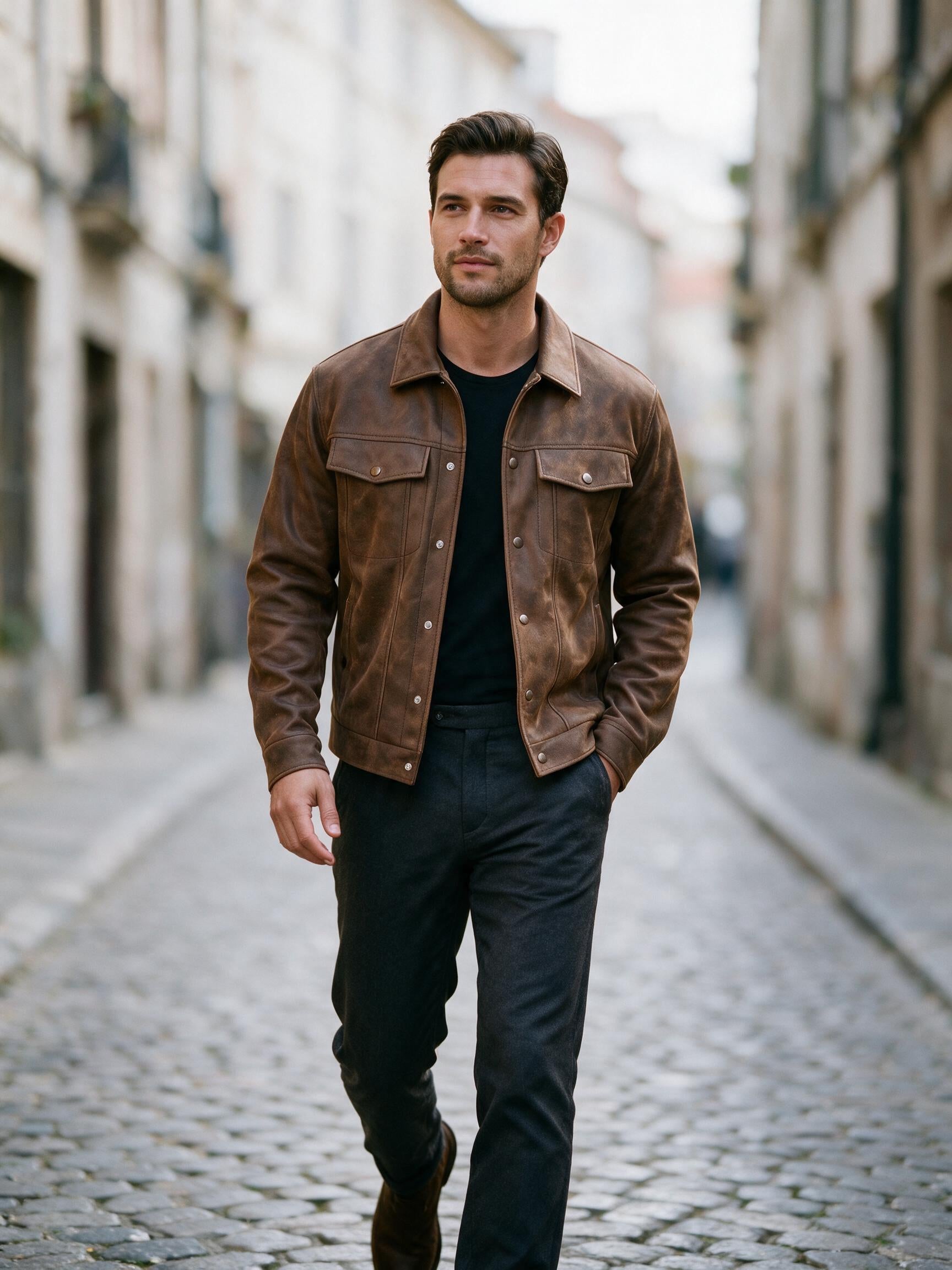 Man walking a cobbled old-town street in the brown leather trucker jacket