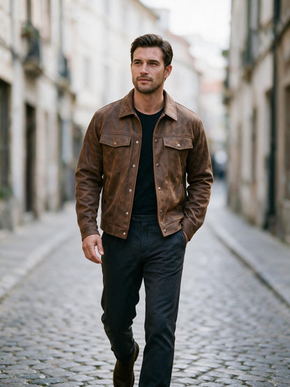 Man walking a cobbled old-town street in the brown leather trucker jacket