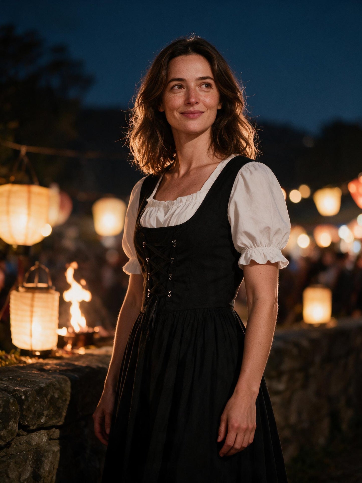 Woman in the black lace up dress at a lantern-lit evening festival