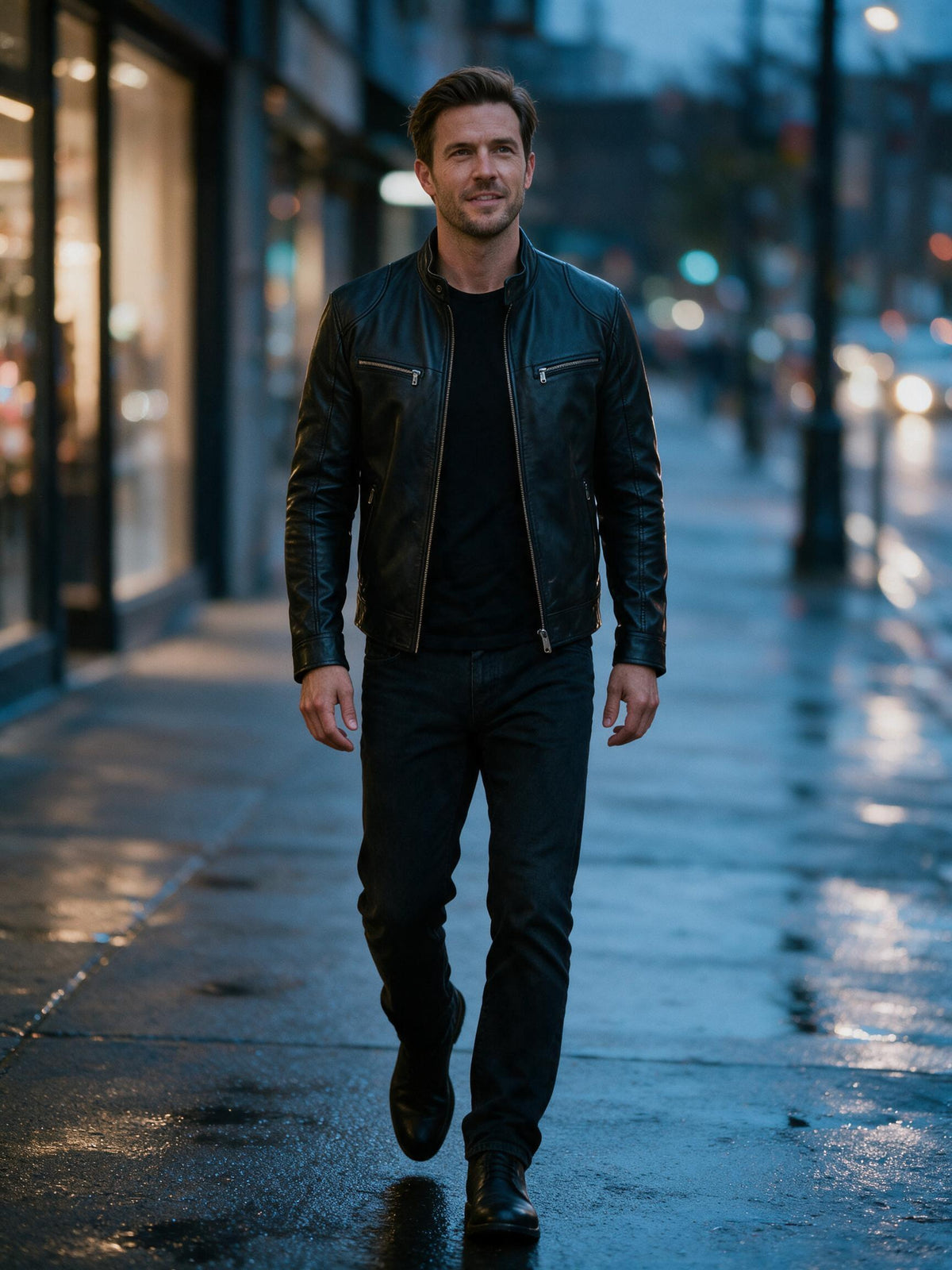 Man walking a city street at dusk in the black leather motorcycle jacket