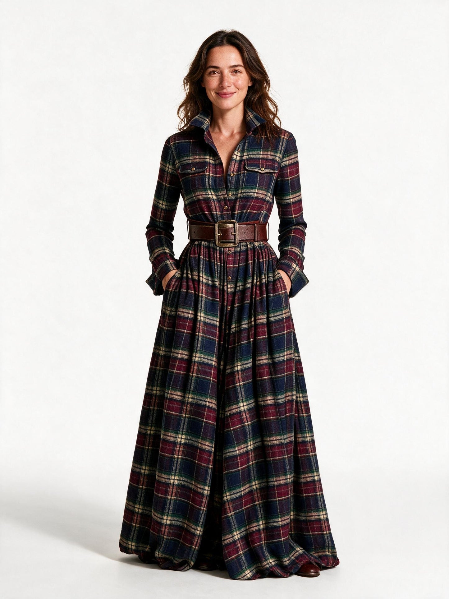 Marlowe belted tartan maxi dress in blue-red tartan, front view on a white studio background