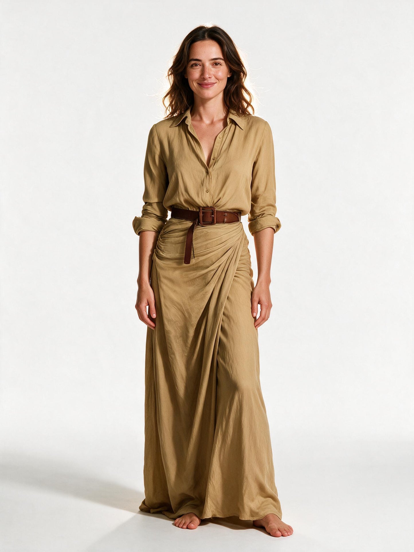 Vivienne belted collar maxi shirt dress in khaki, front view on a white studio background