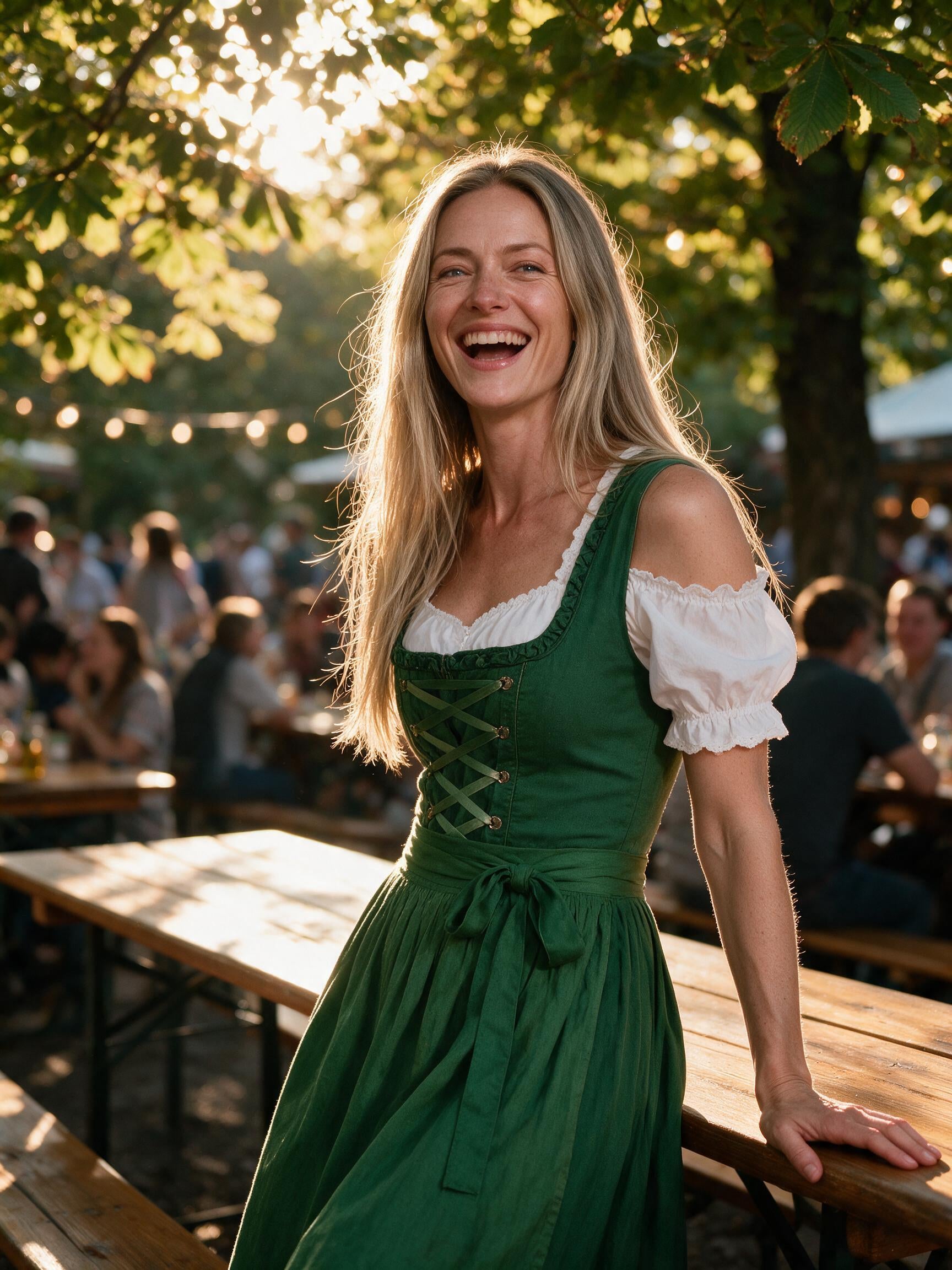 Woman in the green square neck dirndl at a Bavarian beer garden