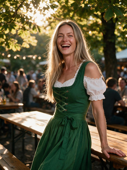 Woman in the green square neck dirndl at a Bavarian beer garden