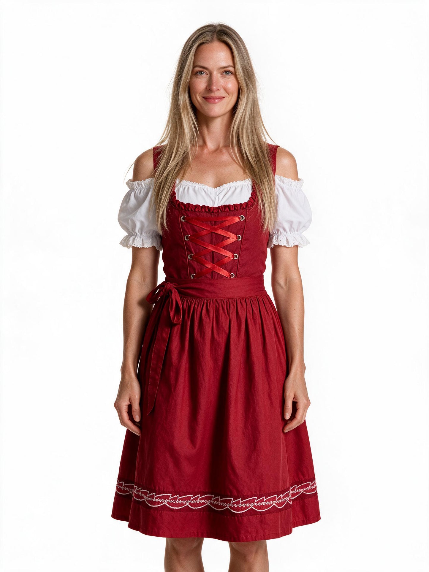 Square neck dirndl dress with apron in red