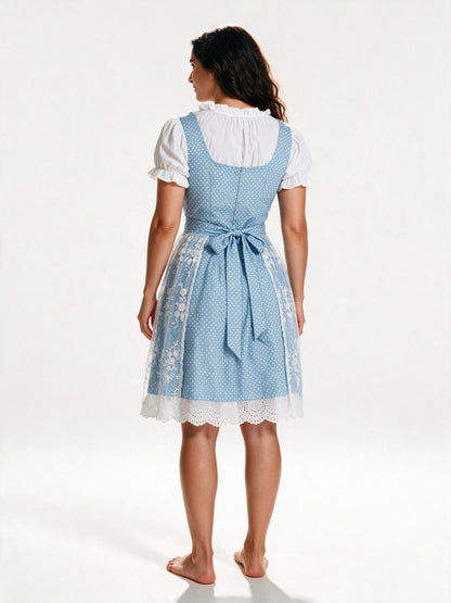 Blue dirndl set, back view showing the apron bow and broderie hem