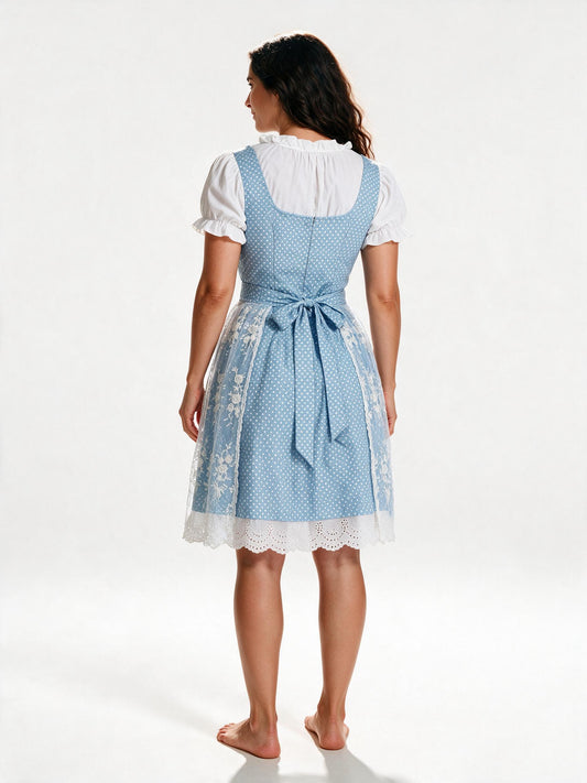Blue dirndl set, back view showing the apron bow and broderie hem