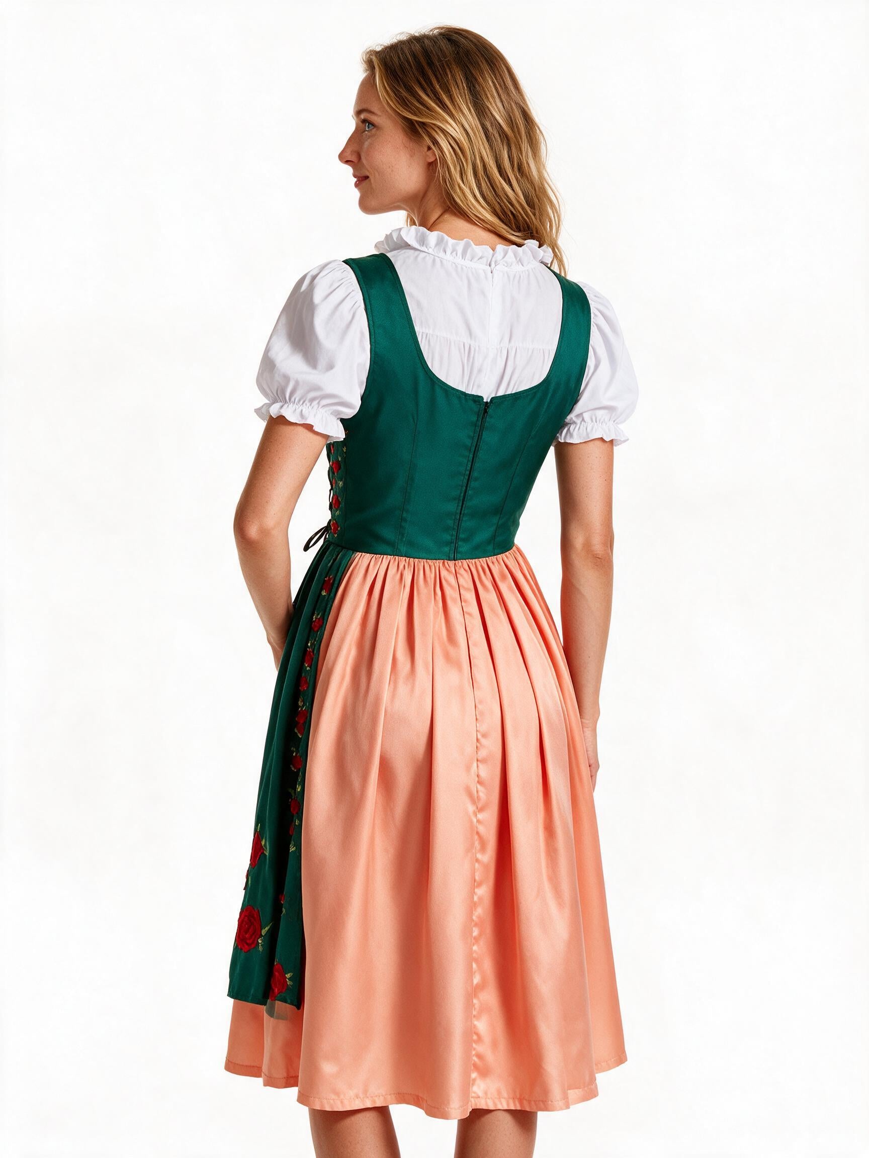 Green rose-embroidered dirndl, back view showing the bodice and coral skirt