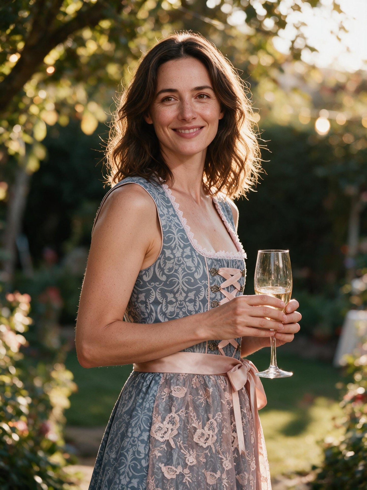 Woman wearing the midi lace dirndl at an autumn garden reception