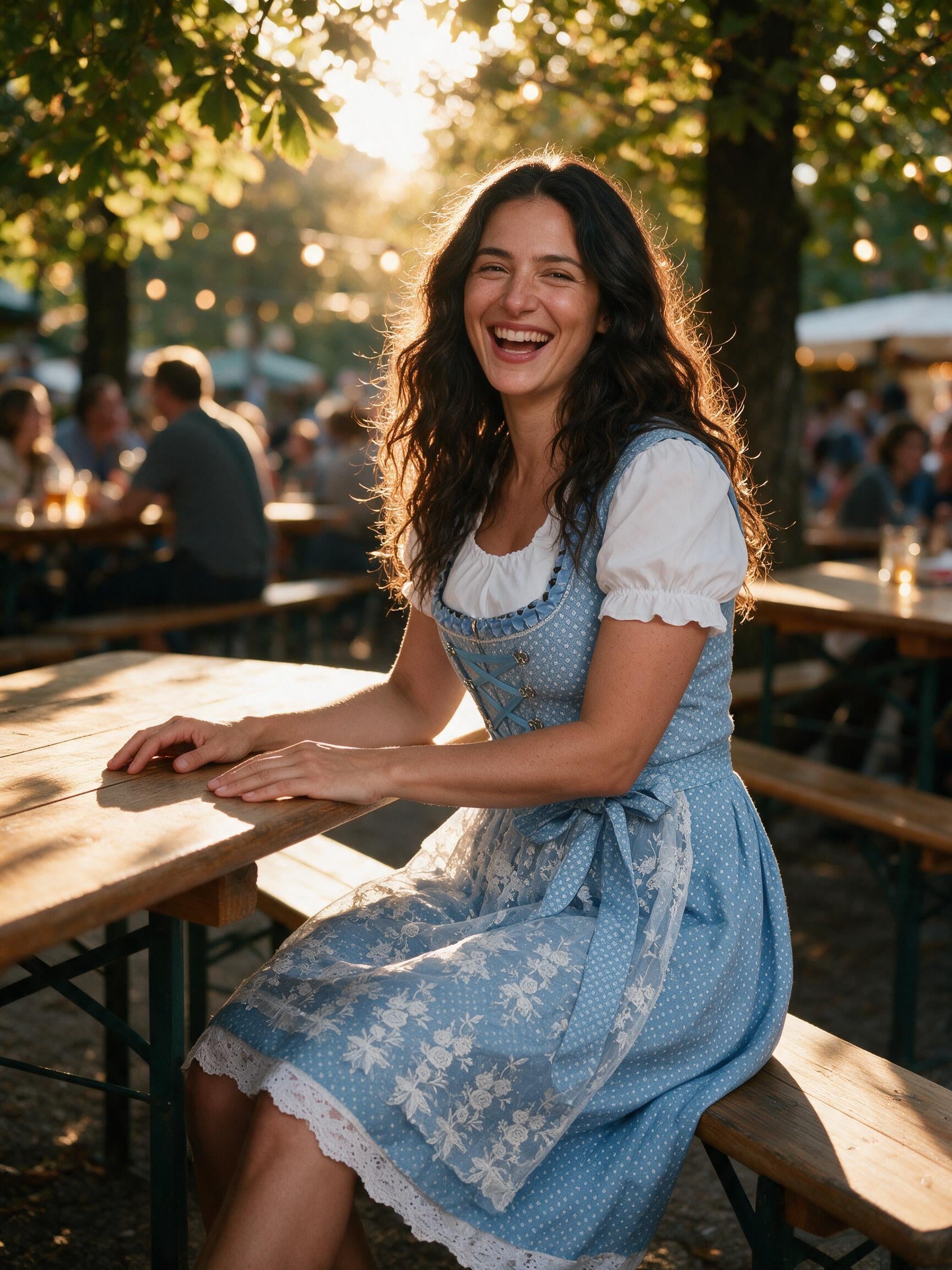 Woman in the blue dirndl set at a Bavarian beer garden table