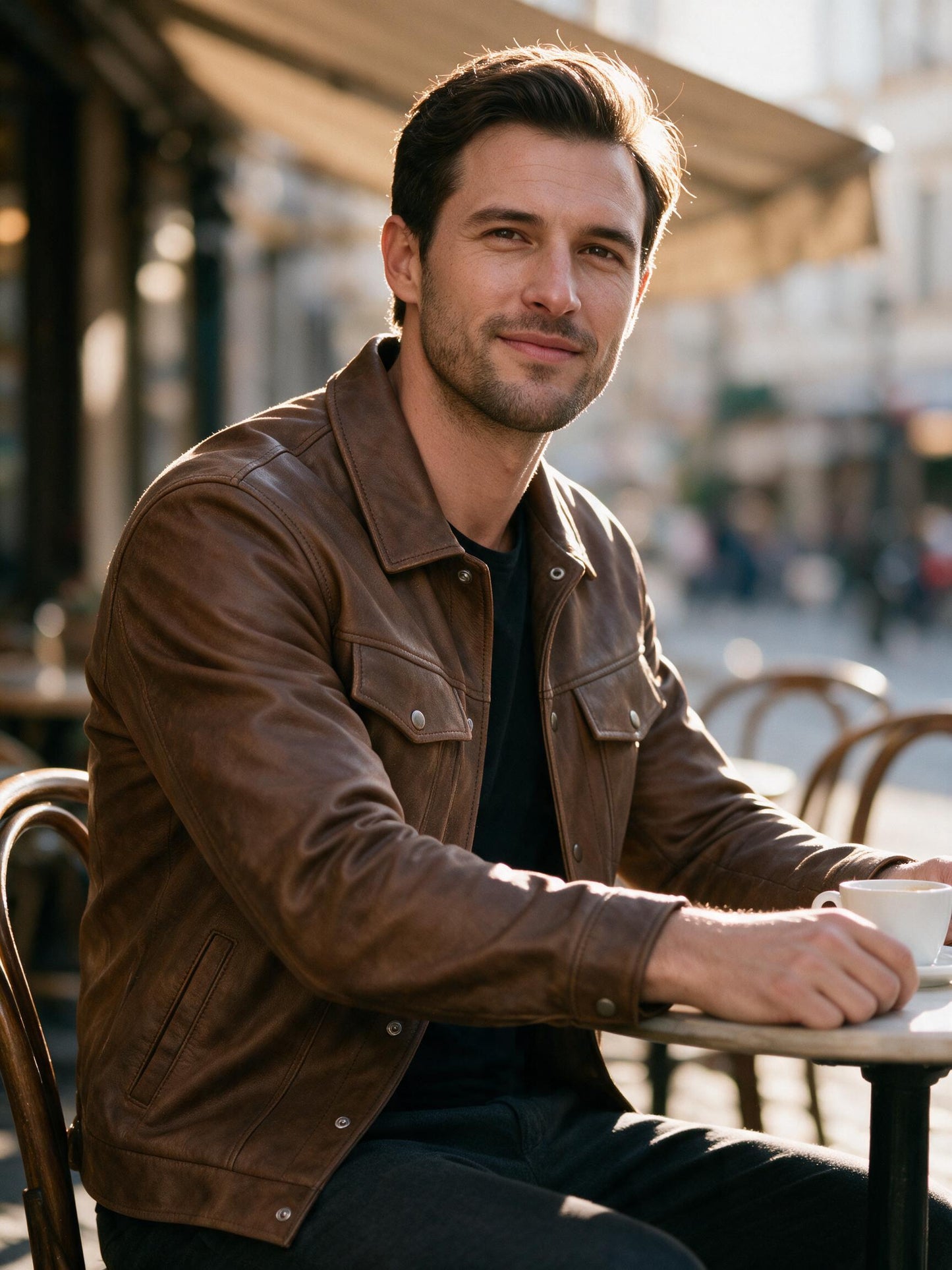 Man wearing the brown leather trucker jacket at a café terrace at golden hour