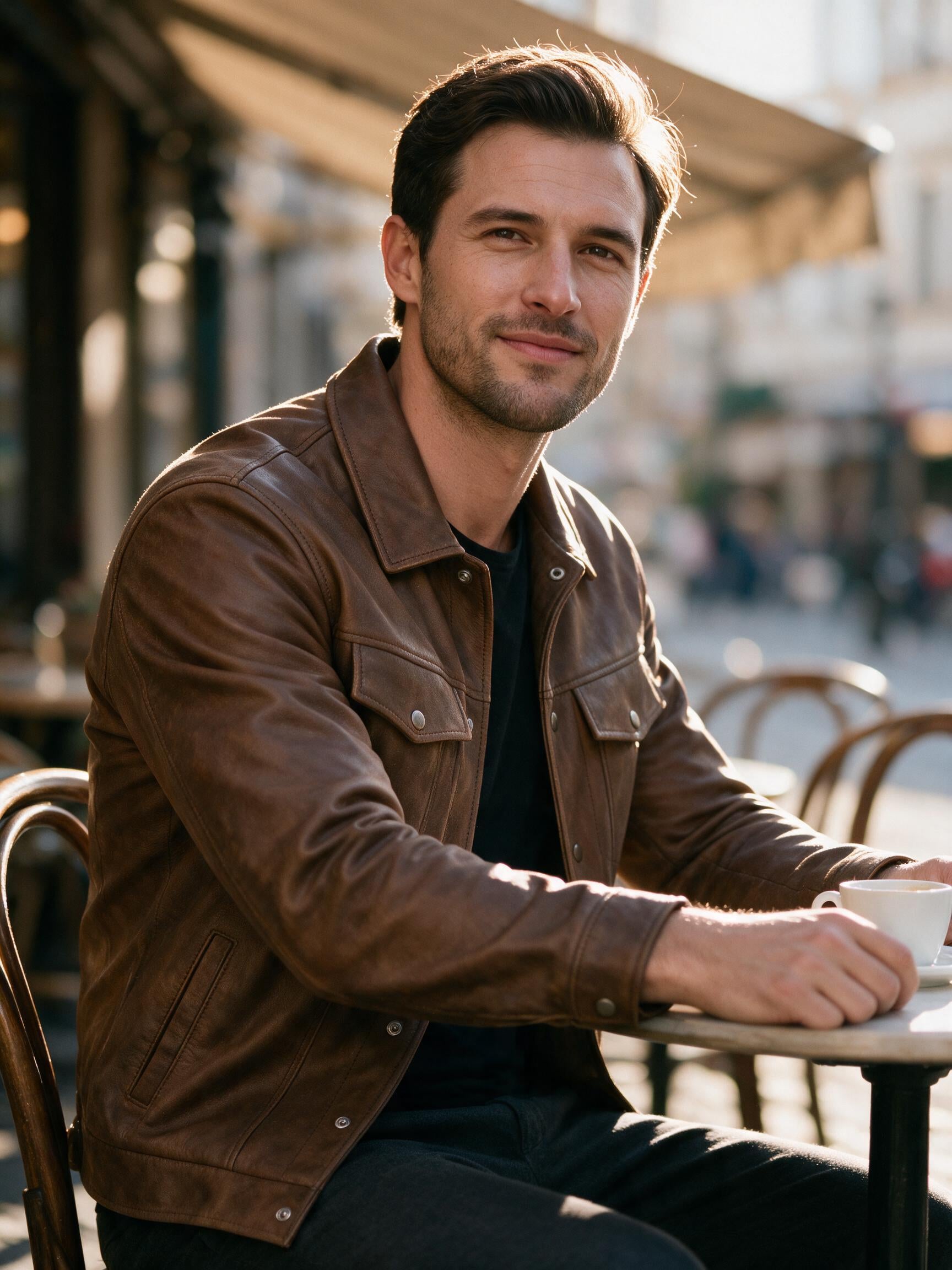 Man wearing the brown leather trucker jacket at a café terrace at golden hour