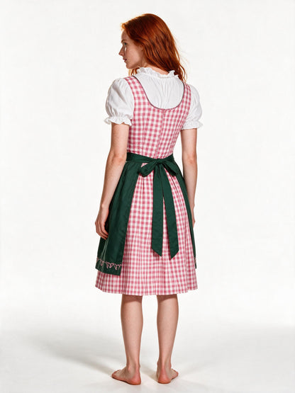 Pink check dirndl, back view showing the apron bow and skirt