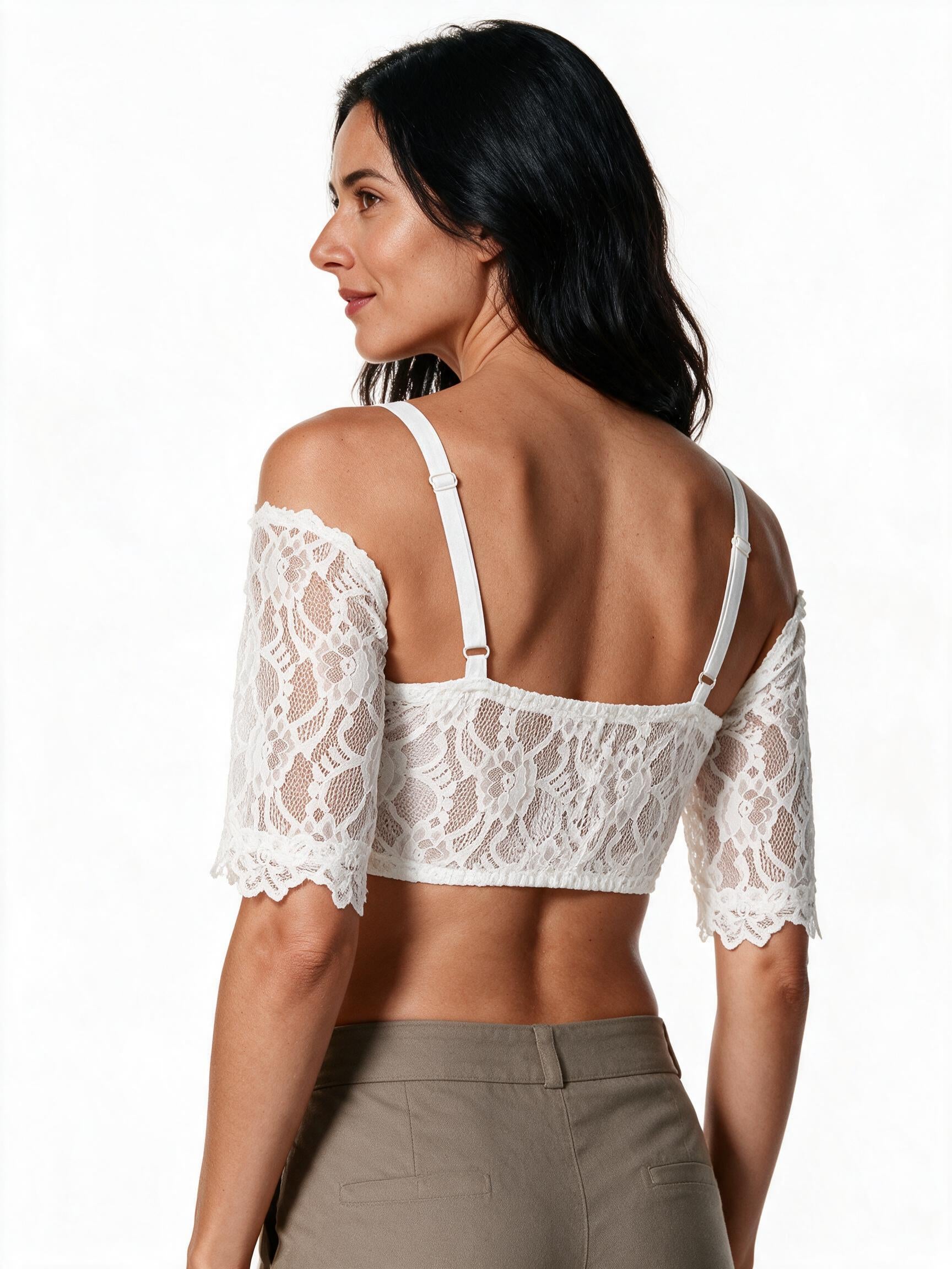 White lace dirndl blouse, back view showing the adjustable shoulder straps