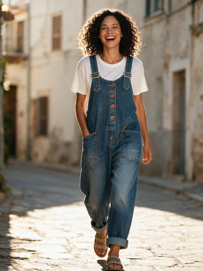 Woman walking a sunlit Mediterranean street in the denim jumpsuit